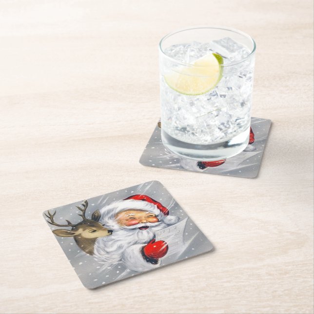 Retro Vintage Weihnachten Weihnachtsmann Rentier U Rechteckiger Pappuntersetzer (Vor Ort)