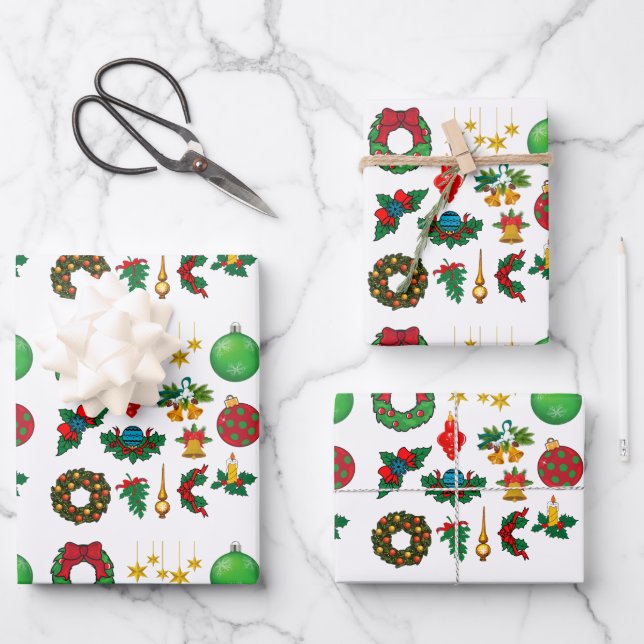 Retro Vintage Weihnachts-Pattern Weihnachten Geschenkpapier Set (Vorderseite)