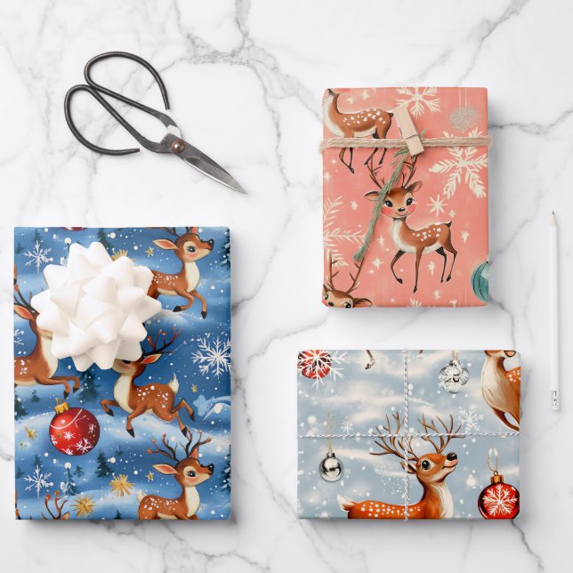 Retro Vintage Weihnachts-Rentierpapier Geschenkpapier Set (Vorderseite)