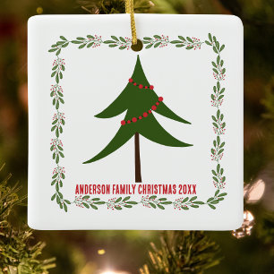 Retro Vintage Weihnachtsbaum & Name der Familie Keramikornament