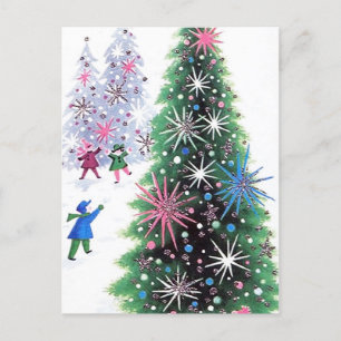 Retro Vintage Weihnachtsbaum und Kinder Postkarte