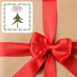 Retro-Vintage-Weihnachtsbaum und -Kranz Minimalist Quadratischer Aufkleber