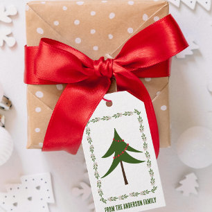 Retro Vintage Weihnachtsbaum und Kranz Minimalisti Geschenkanhänger