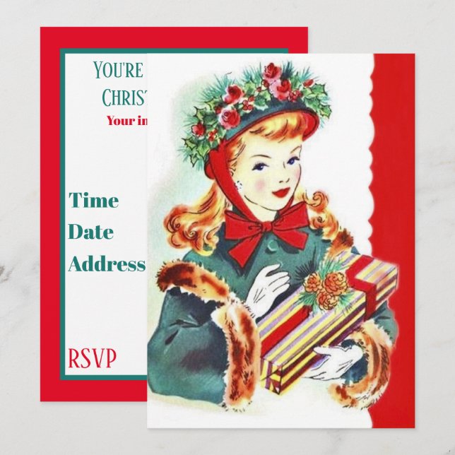 Retro Vintage Weihnachtsfrau Party Einladung (Vorne/Hinten)