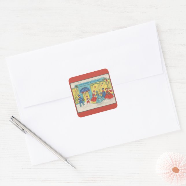 Retro Vintage Weihnachtsgrüße Antiker Winter Quadratischer Aufkleber (Umschlag)
