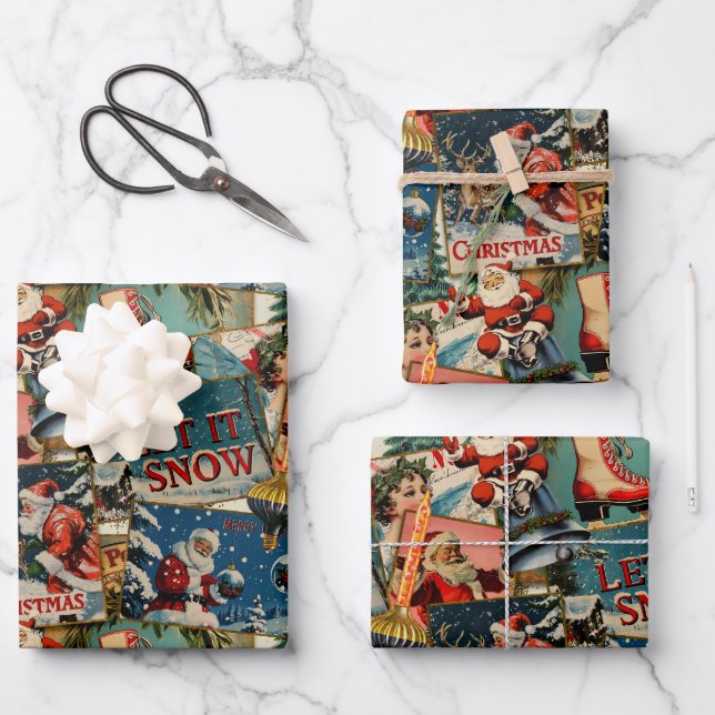Retro Vintage Weihnachtskarten Collage Geschenkpapier Set (Vorderseite)