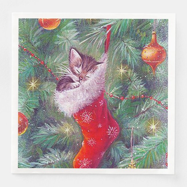 Retro Vintage Weihnachtskatzenfest Serviette (Vorderseite)