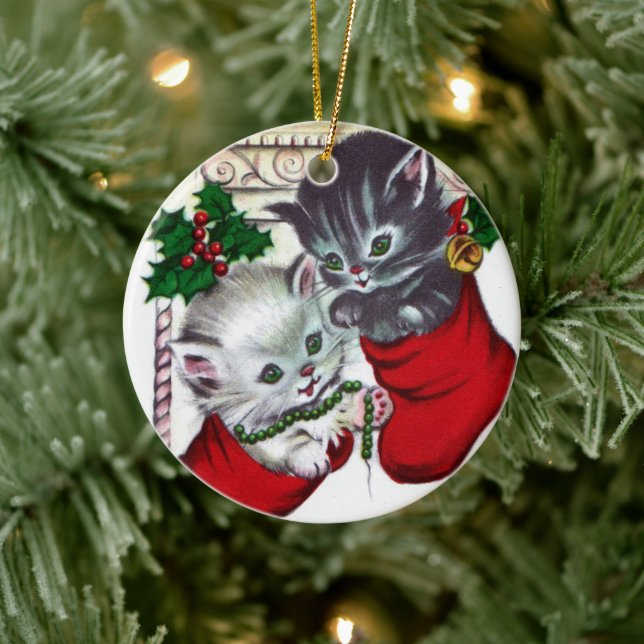 Retro Vintage Weihnachtskatzenschmuck Keramik Ornament (Baum)