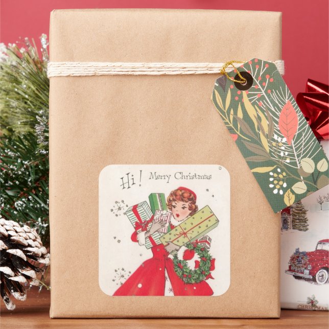 Retro Vintage Weihnachtskäufer Quadratischer Aufkleber (Feiertag)