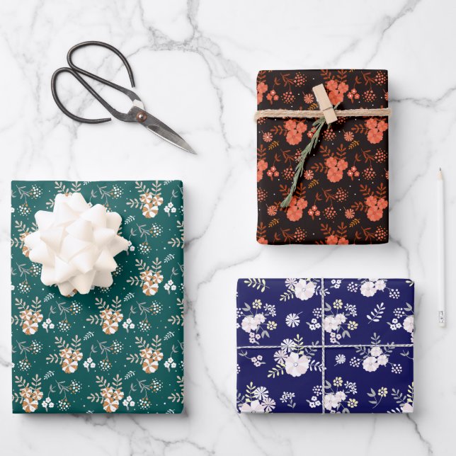 Retro Vintage Weihnachtsmuster floral Geschenkpapier Set (Vorderseite)