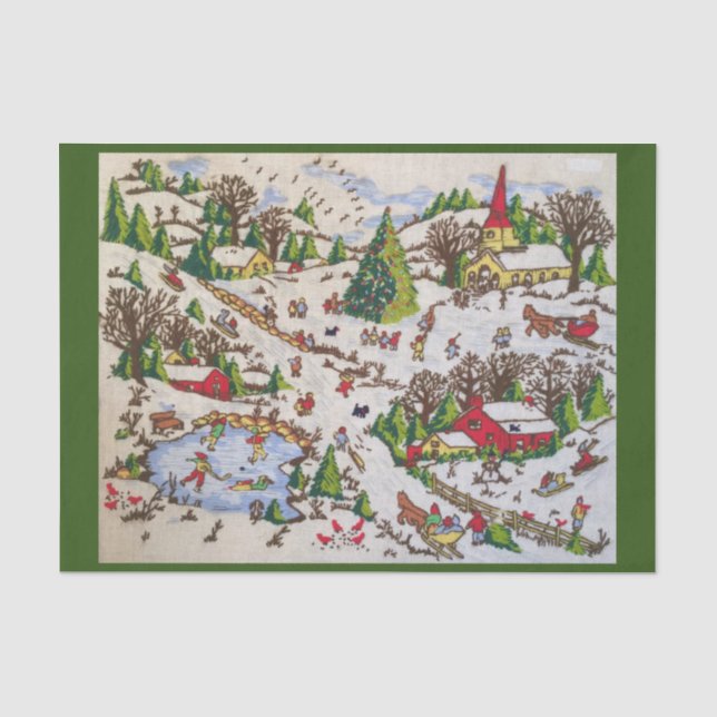 Retro Vintage Winter-Feiertags-Szene Seidenpapier (Vorderseite)
