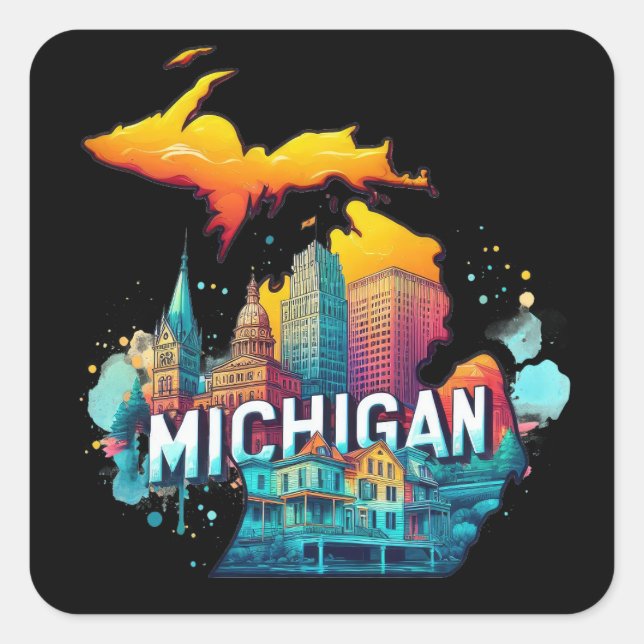 Retro Vintager Michigan Staat Map Quadratischer Aufkleber (Vorderseite)
