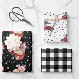 Retro Vintager Santa Tree auf dem Auto & Kariert Geschenkpapier Set
