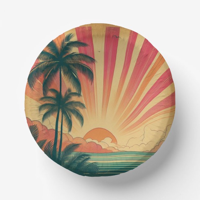 Retro/Vintager tropischer/hawaiianischer Sonnenunt Pappteller (Vorderseite)