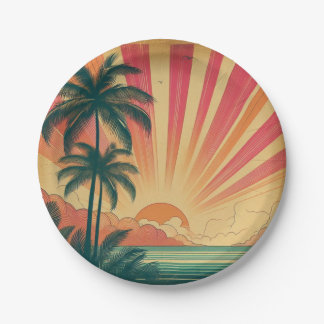 Retro/Vintager tropischer/hawaiianischer Sonnenunt Pappteller