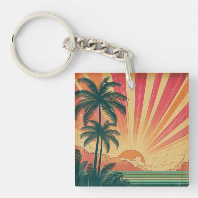 Retro/Vintager tropischer/hawaiianischer Sonnenunt Schlüsselanhänger (Vorderseite)