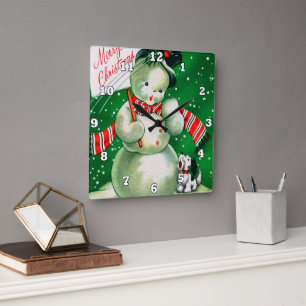 Retro Vintager Weihnachtssnowmandekor Quadratische Wanduhr