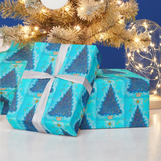 Retro Vintages blaues Weihnachtsbaum-Party Geschenkpapier (Feiertage)