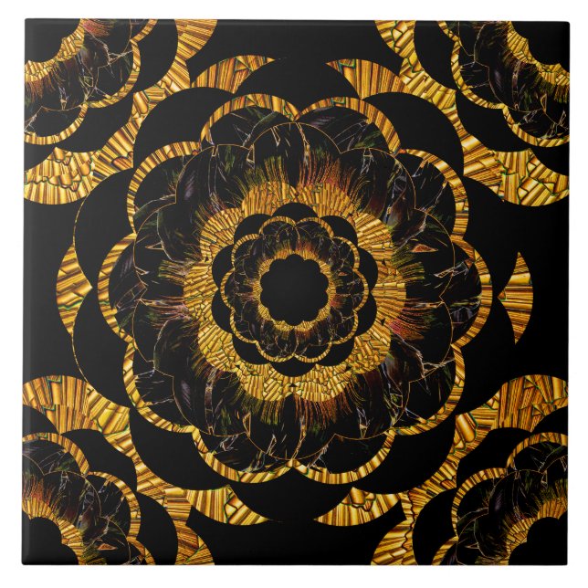 Retro Vintages goldenes Mandala-Blumen-Schwarzes Fliese (Vorderseite)