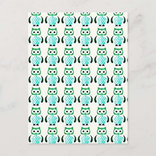 Retro Vintages Green Owls Muster Postkarte (Vorderseite)