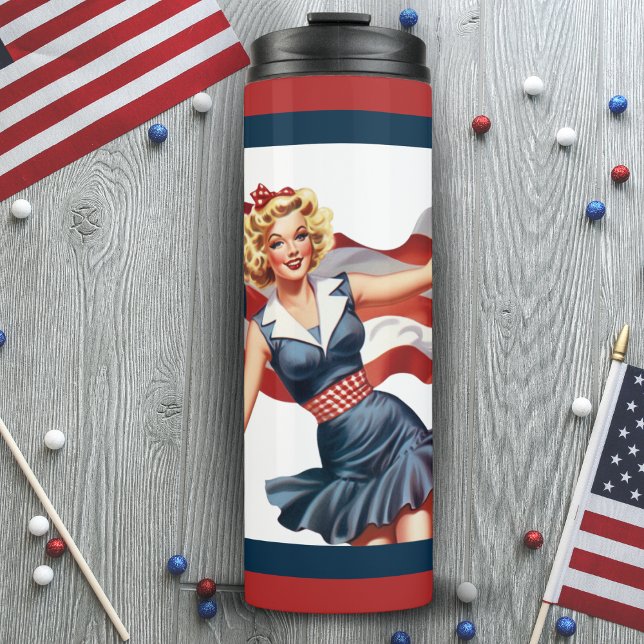 Retro Vintages Patriotisches Mädchen mit amerikani Thermosbecher (Retro Vintage Patriotic Girl with American Flag Thermal Tumbler)