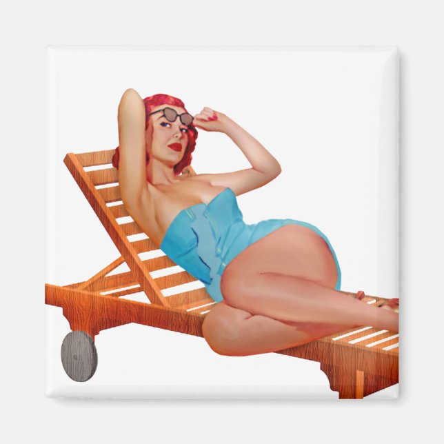 Retro Vintages Sonnenbaden Rotlöckchen Pinup Girl Magnet (Vorne)