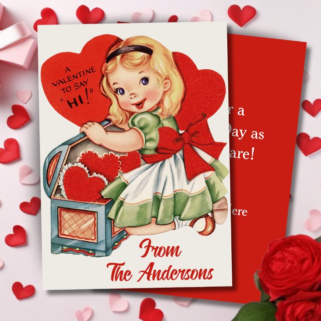 Retro Vintages Valentine Herzmuschel Feiertagskarte (Retro Vintage Valentine Heart Girl Custom Holiday Card. Add your name and a special message!)