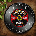Retro Vinyl 45 Record Personalized Wall Clock Große Wanduhr<br><div class="desc">Fun,  personalized retro music fan custom wall clock! Except the numbers,  all of the text on this design is in a template form.  Change all the text or leave some as is,  for the perfect personalized,  retro 45 vinyl record music lover gift!</div>