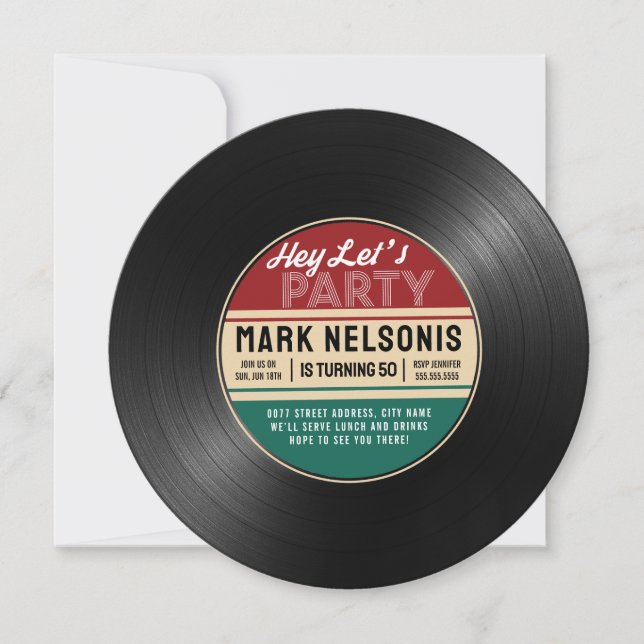 Retro Vinyl 50th Birthday Party Invitations (Devant)