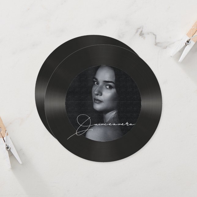 Retro-Vinyl-Foto Quinceanera Einladung (Vorderseite/Rückseite Beispiel)