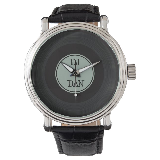 Retro Vinyl Record Personalisiert DJ Musikaname Armbanduhr (Vorderseite)