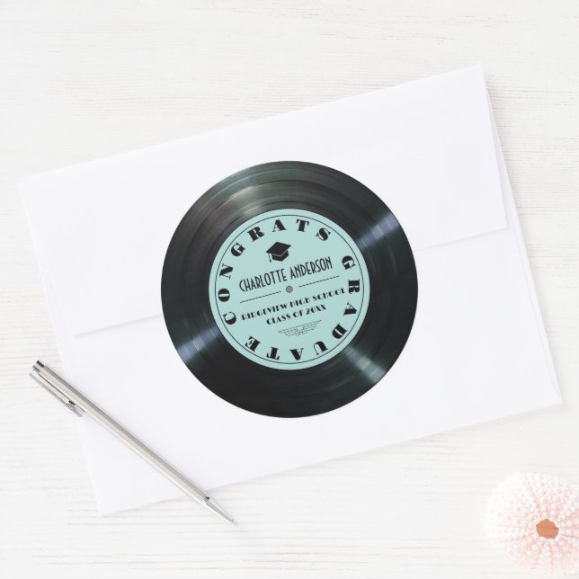 Retro Vinyl Record Türkis Abschluss Runder Aufkleber (Umschlag)