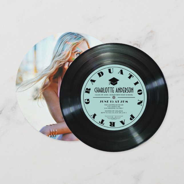 Retro Vinyl Record Türkis Foto Abschluss Einladung (Vorne/Hinten)