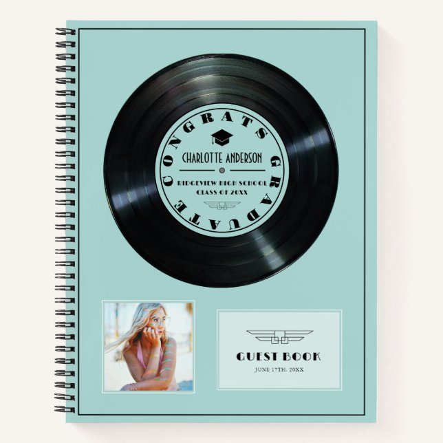 Retro Vinyl Record Turquoise Abschluss Gästebuch Notizbuch (Vorderseite)