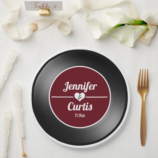 Retro Vinyl Record Wein Red Wedding Party Pappteller (Hochzeit)