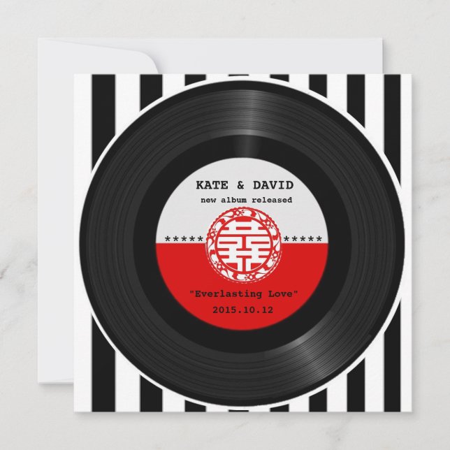 Retro Vinyl Rekord Doppel Glück Hochzeit Einladung (Vorderseite)
