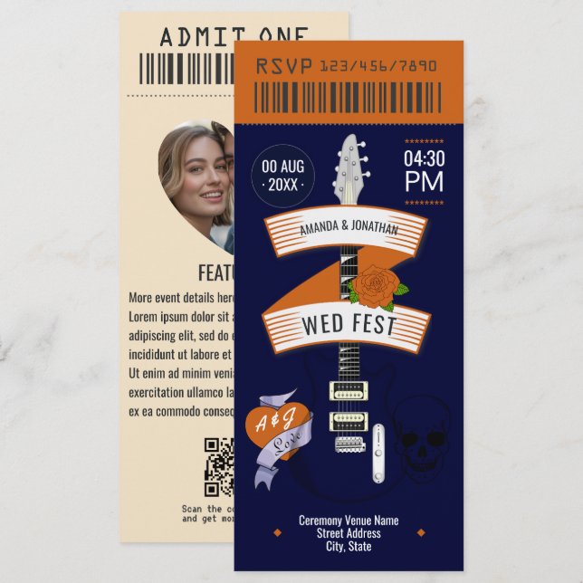 Retro Vinyl Rock ’n’ Roll Wedding Ticket Einladung (Vorne/Hinten)