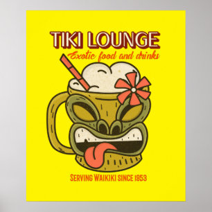 Retro Waikiki Tiki Lounge Print on Brown Poster