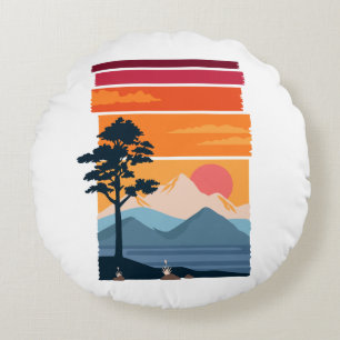 Retro-Wanderlust-Sonnenuntergang-Berg-Naturschönhe Rundes Kissen