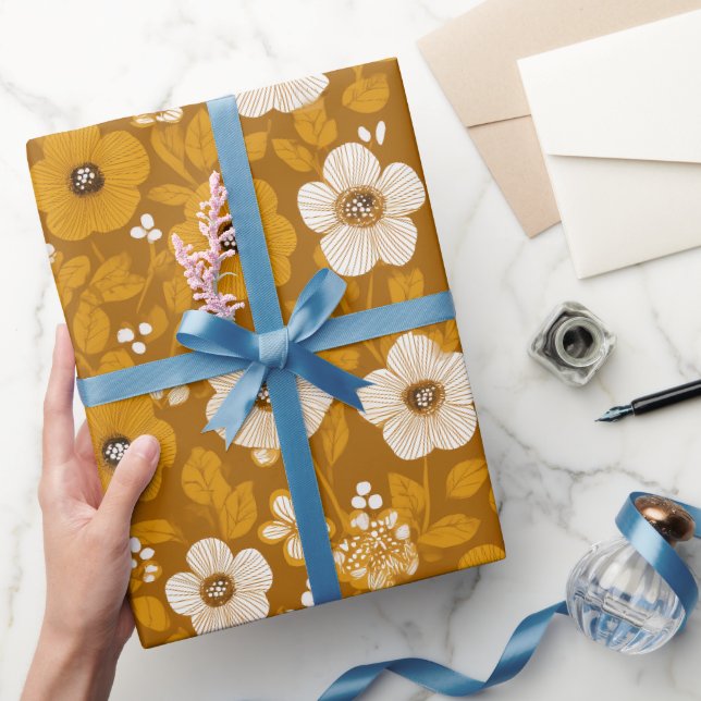 Retro-Warmer-Ton-Blumen-Senf-Blumenmuster Geschenkpapier (Schenken)