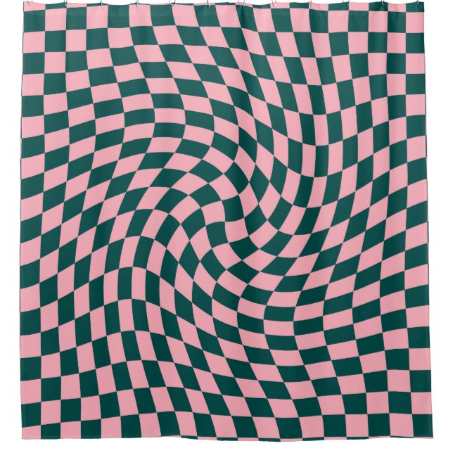 Retro-Warpane-Dschungelgrün-rosa-Karos geprüft Duschvorhang (Vorderseite)
