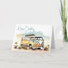 Retro-Wasserfarbenbus mit Blume Karte