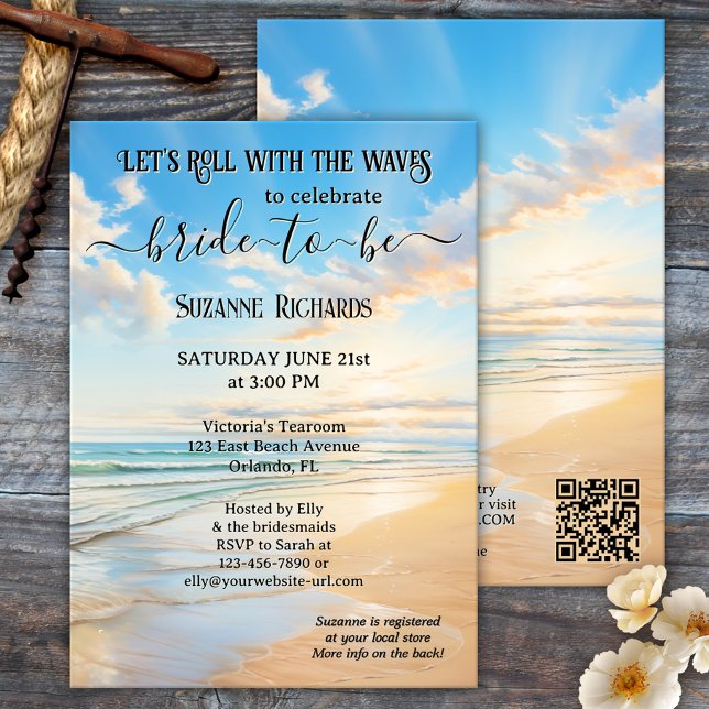 Retro Watercolor Beach Brautparty Einladung (Retro beach bridal shower invitation featuring a watercolor painting of a beach on a beautiful day)