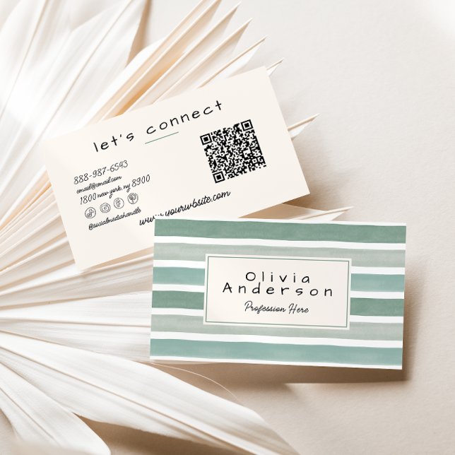 Retro Watercolor Green Stripes Neutral QR Code Visitenkarte (Von Creator hochgeladen)