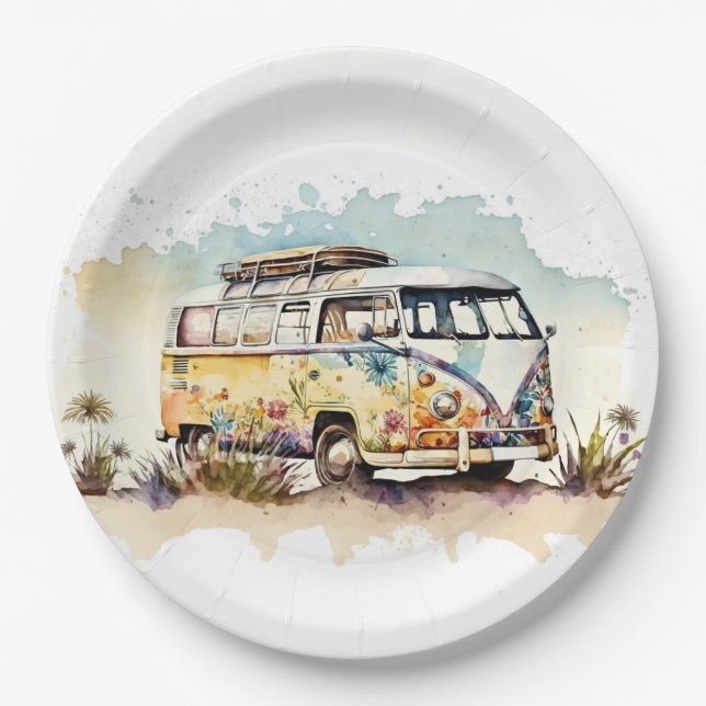 Retro-Watercolor-Hippie-Bus mit Blume Pappteller (Vorderseite)