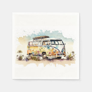 Retro-Watercolor-Hippie-Bus mit Blume Serviette