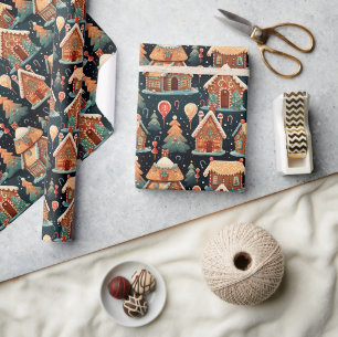 Retro Watercolor Lebkuchen Weihnachtshäuser Geschenkpapier
