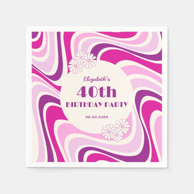 Retro Wave Blume Lila Rosa Geburtstag Serviette (Vorderseite)