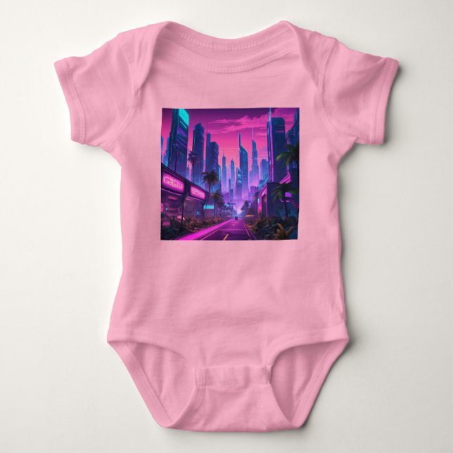 Retro Wave Cyberpunk City Baby Strampler (Vorderseite)