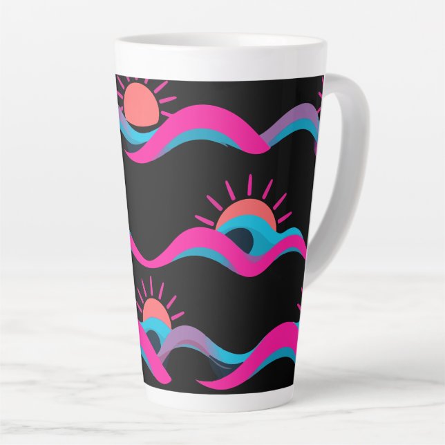 Retro Wave Mug Design – 80s Geometric Sun & Wave Milchtasse (Rechte Ecke)